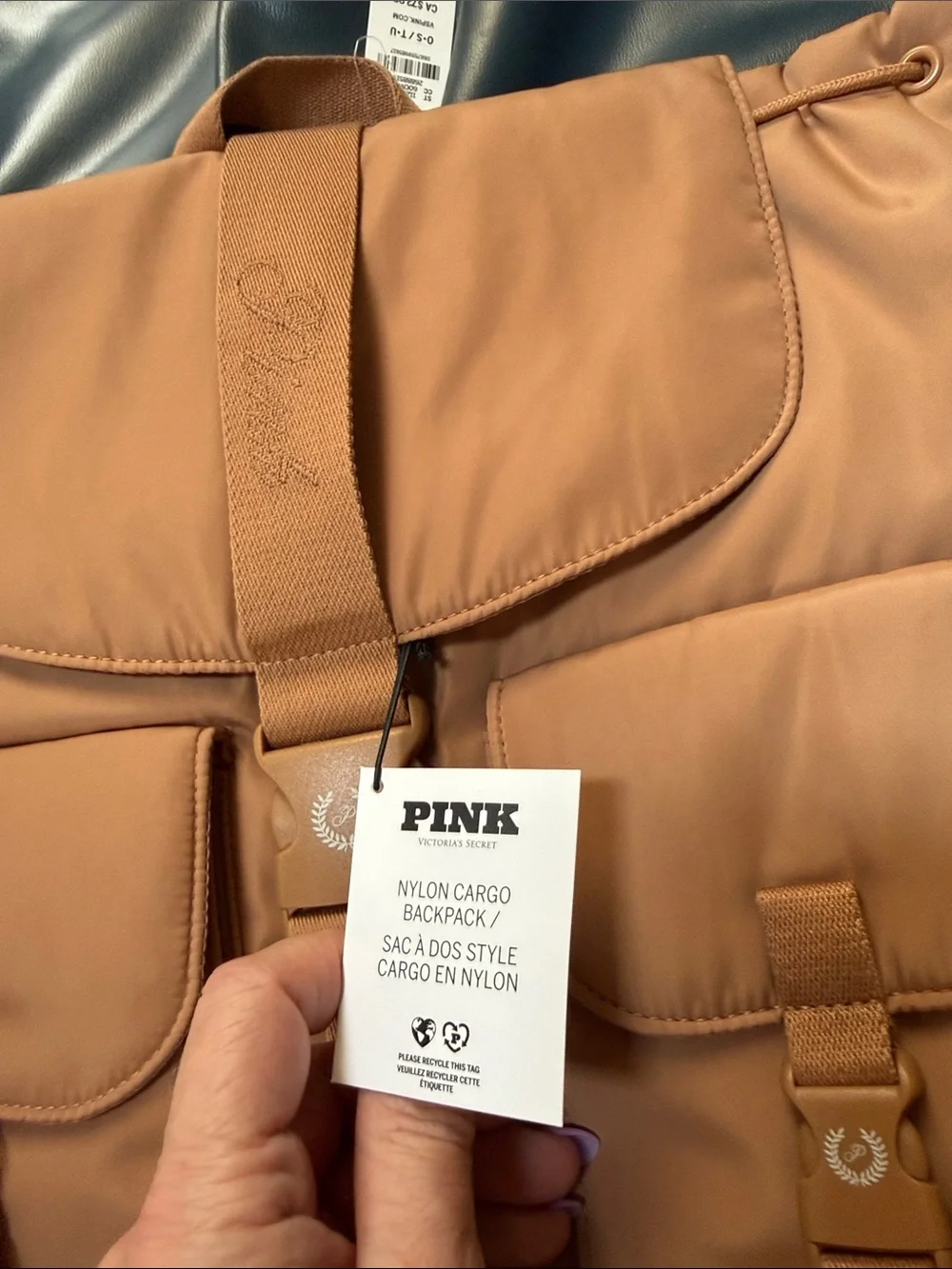 VICTORIA'S SECRET PINK NYLON CARGO BACKPACK FULL SIZE GYM SCHOOL BAG TOFFEE - Picture 9 of 13
